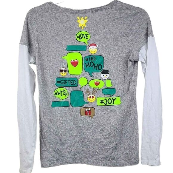 Justice Christmas Tree Girls 14 Emoji Text Bubble Holiday T-Shirt Gray Tee Shirt - Picture 2 of 10